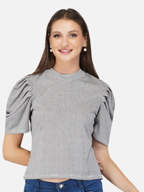 

ASEELO Grey & Black Geometric Print Puff Sleeve High Neck Top