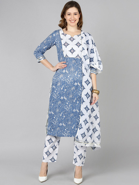 

Jaipur Folk Women Turquoise Blue Floral Printed Pure Cotton Kurta with Trousers & With Dupatta