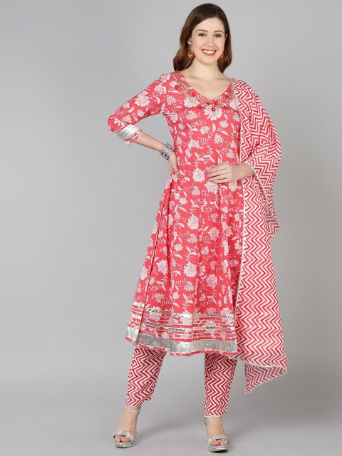 

Jaipur Folk Women Pink Floral Printed Pure Cotton Kurta with Trousers & With Dupatta
