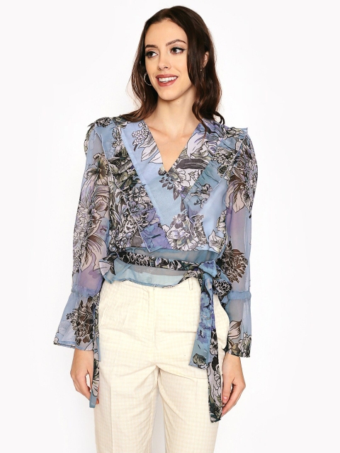 

250 DESIGNS Blue Floral Print Ruffles Sheer Georgette Cinched Waist Top