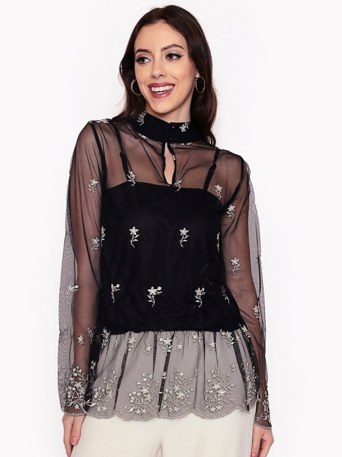 

250 DESIGNS Black Embellished Net Top