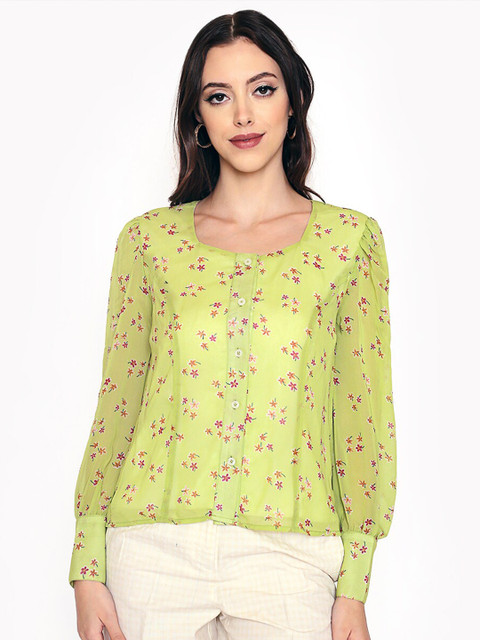 

250 DESIGNS Green Floral Print Georgette Top