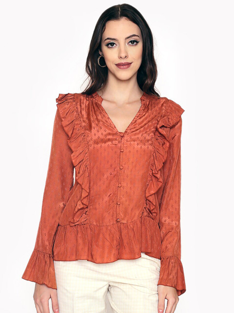 

250 DESIGNS Women's Orange Print Ruffles Georgette Top