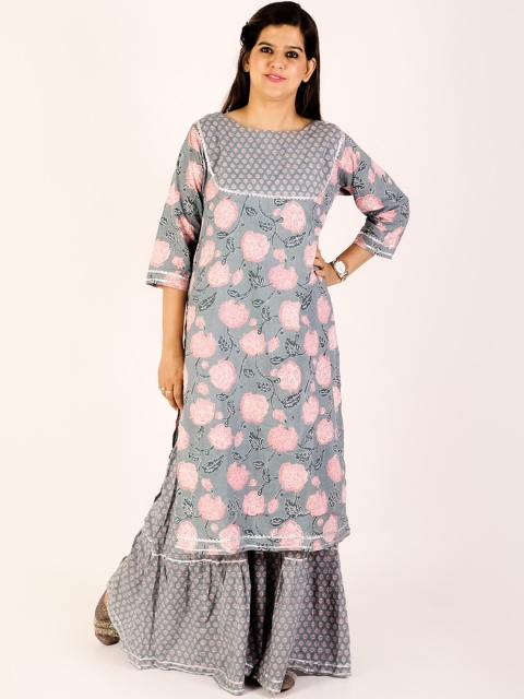 

The Mom Store Women Grey Floral Printed Pure Cotton Kurti with Sharara