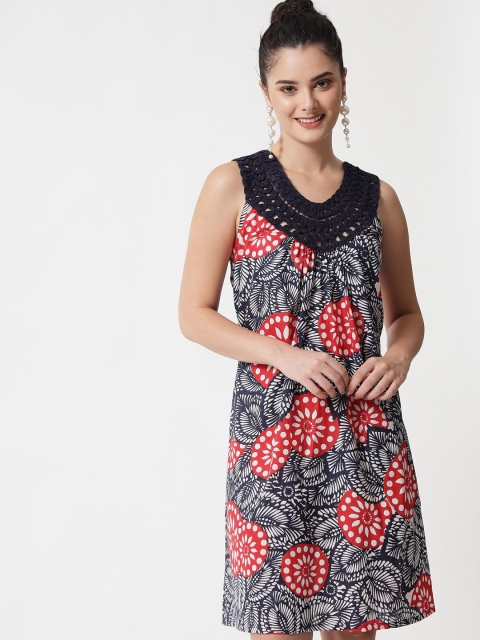 

MAXENCE Navy Blue & Red Floral A-Line Dress