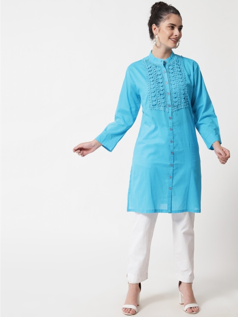 

MAXENCE Blue Ethnic Motifs Yoke Design Pure Cotton Kurti