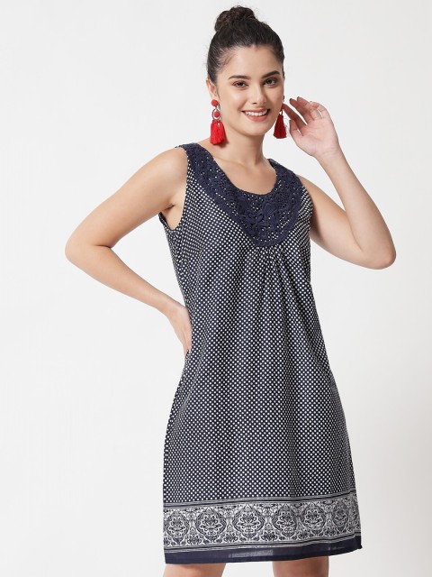 

MAXENCE Womens Navy Blue & White A-Line Dress