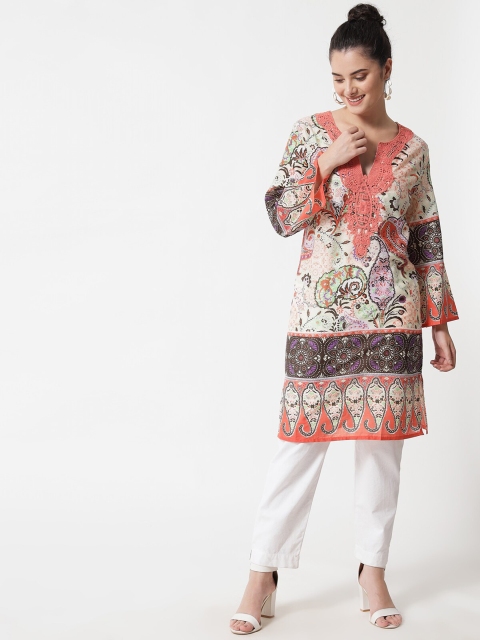 

MAXENCE Womens Beige & Peach-Coloured Ethnic Motifs Printed V-Neck Kurti