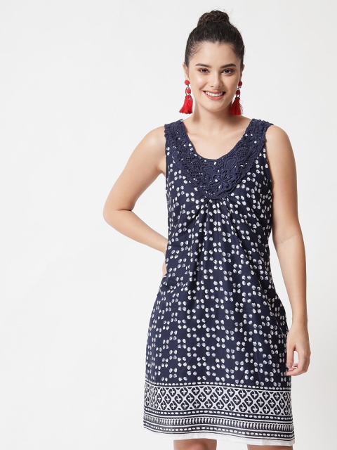 

MAXENCE Navy Blue & White Ethnic Motifs Lace A-Line Dress