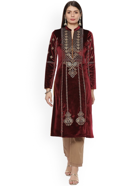 

Lakshita Women Maroon Embroidered Velvet Kurta
