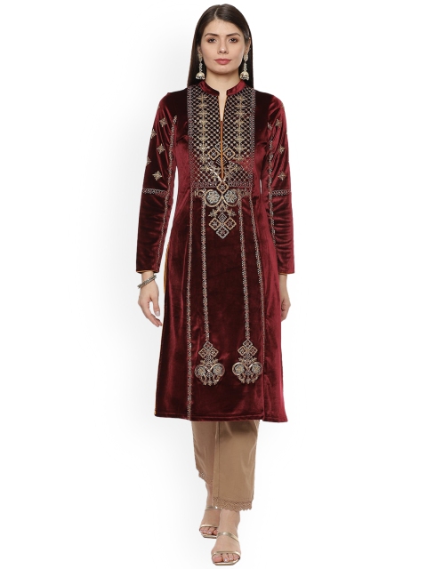 

Lakshita Women Maroon Embroidered Velvet Kurta