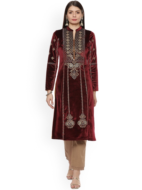 

Lakshita Women Maroon Embroidered Embellished Velvet With Sequins Kurta