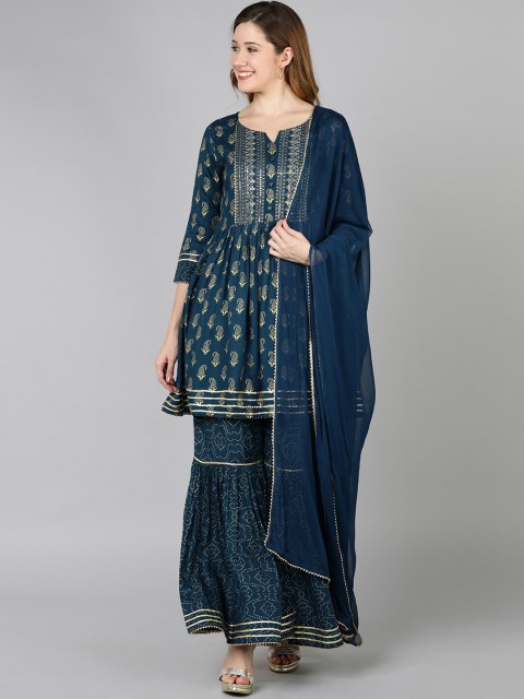 

Jaipur Folk Women Blue Ethnic Motifs Yoke Design Kurti with Sharara & With Dupatta