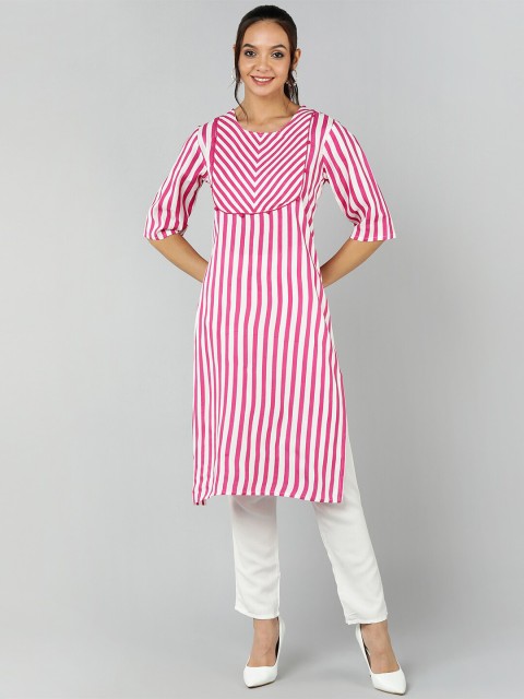 

Jaipur Folk Women Pink Striped Kurti with Trousers