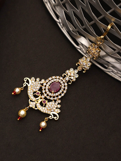 

CARDINAL Gold-Toned Pink & White Ad-Studded & Beaded Maang Tikka