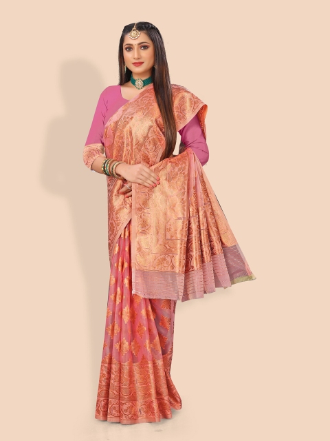 

Rivana Pink & Gold-Toned Ethnic Motifs Zari Organza Banarasi Saree