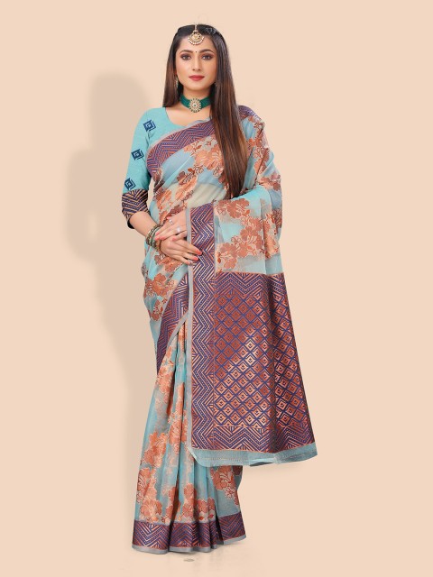 

Rivana Turquoise Blue Floral Organza Banarasi Saree