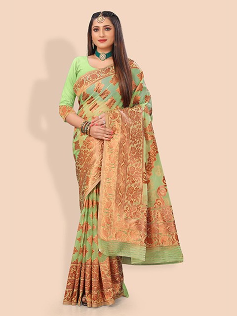 

Rivana Green & Copper-Toned Ethnic Motifs Zari Organza Banarasi Saree