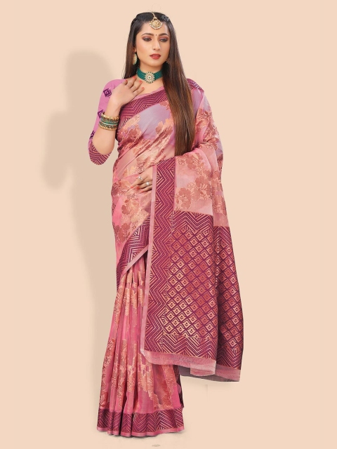 

Rivana Pink & Gold-Toned Floral Zari Organza Banarasi Saree