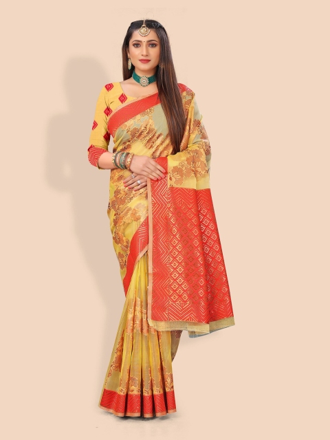

Rivana Yellow & Red Floral Zari Organza Banarasi Saree