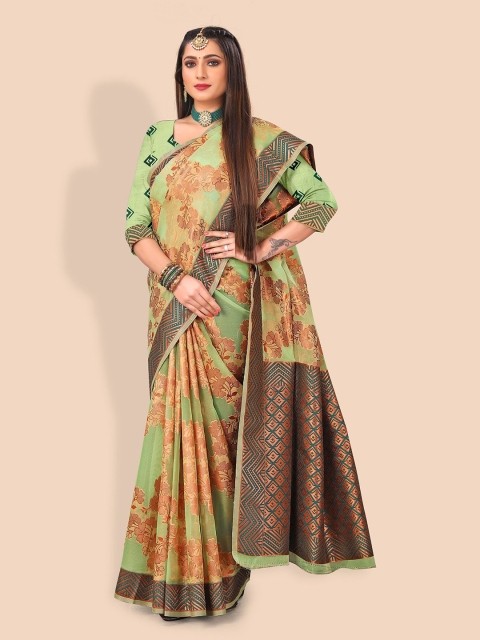 

Rivana Green & Brown Floral Zari Organza Banarasi Saree