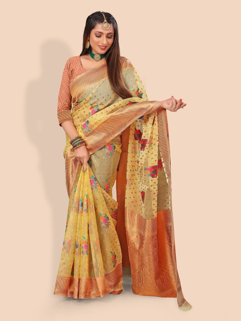 

Rivana Yellow & Green Floral Zari Organza Banarasi Saree