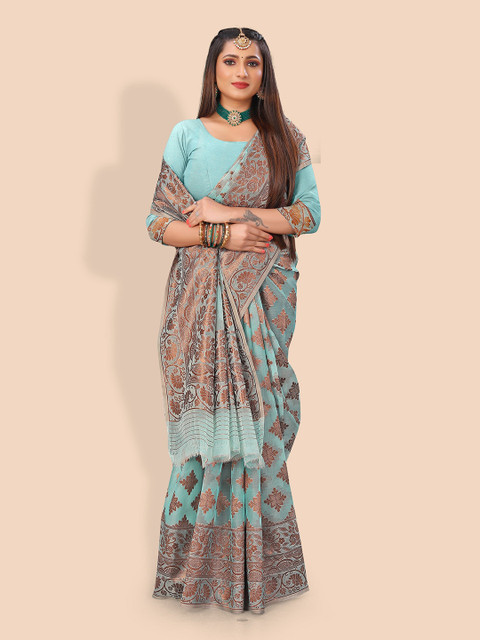 

Rivana Turquoise Blue & Bronze-Toned Ethnic Motifs Zari Organza Banarasi Saree