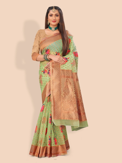 

Rivana Green & Red Floral Zari Organza Banarasi Saree