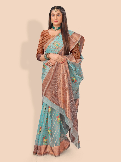 

Rivana Turquoise Blue & Gold-Toned Floral Zari Organza Banarasi Saree