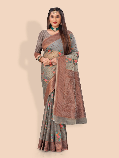 

Rivana Grey & Green Floral Zari Organza Banarasi Saree