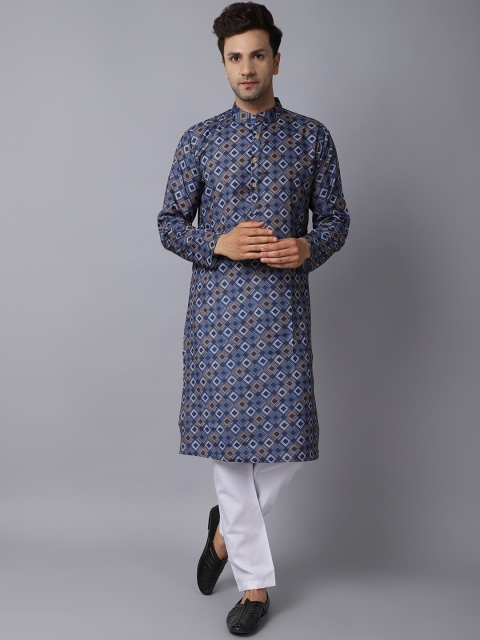 

ORUS Men Blue & White Printed Pure Cotton Kurta with Pyjama