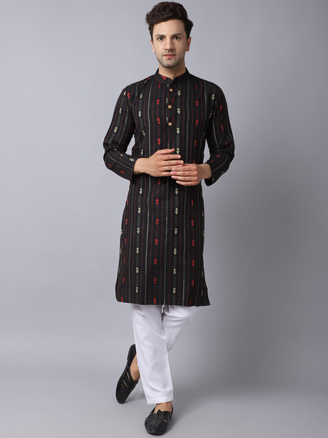 

ORUS Men Black and White Printed Pure Cotton Kurta with Salwar