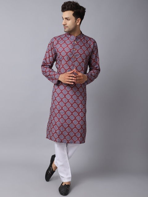 

ORUS Men Maroon And Blue Printed Pure Cotton Kurta with Churidar