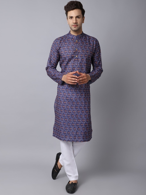

ORUS Men Blue Printed Pure Cotton Kurta with Pyjamas