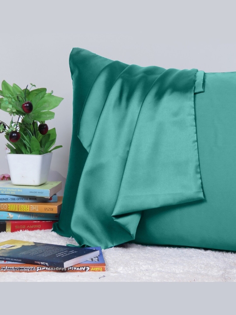 

OUSSUM Teal Blue Solid Set Of 2 Satin Pillow Covers with Envelop Closure