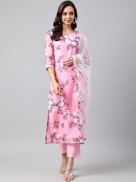 

KALINI Women Pink Floral Printed Chanderi Cotton Kurta with Trousers & With Dupatta