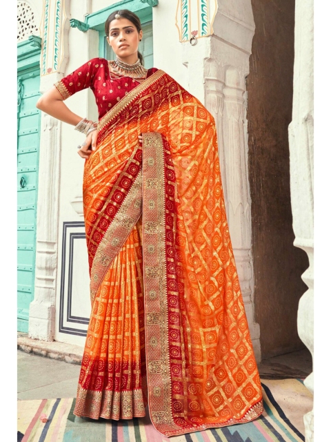 

KARAGIRI Women Orange & Red Bandhani Printed Poly Georgette Saree