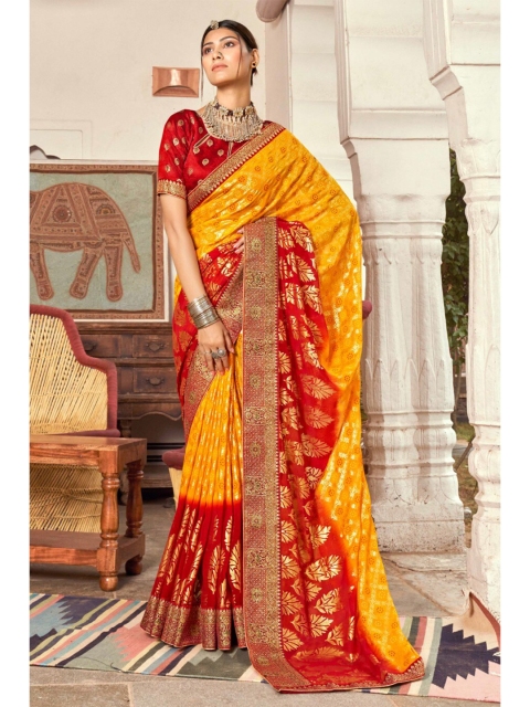 

KARAGIRI Women Yellow & Red Bandhani Printed Georgette Saree
