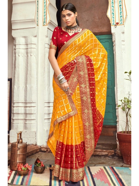 

KARAGIRI Women Yellow & Red Bandhani Printed Georgette Saree