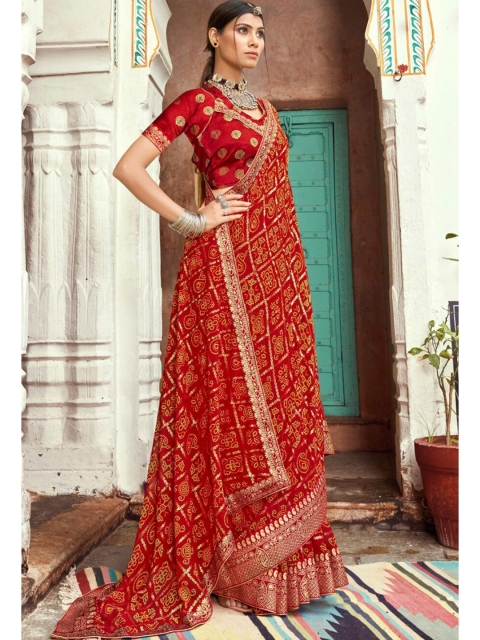 

KARAGIRI Women Red & Gold-Toned Bandhani Printed Georgette Saree