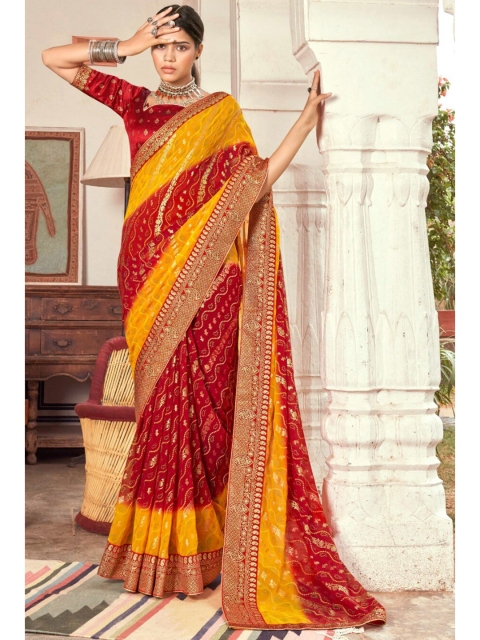 

KARAGIRI Women Red & Yellow Bandhani Printed Georgette Saree