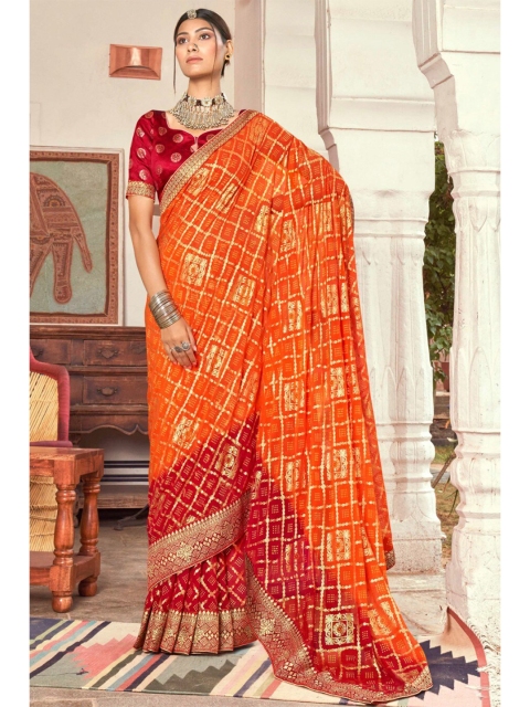 

KARAGIRI Women Orange & Red Bandhani Printed Georgette Saree