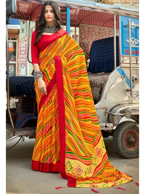 

KARAGIRI Yellow & Red Leheriya Saree