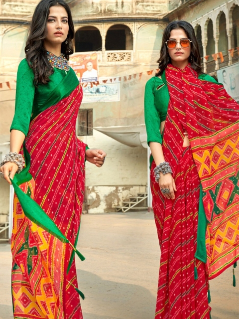 

KARAGIRI Women Red & Green Leheriya Saree