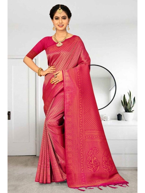 

KARAGIRI Pink & Gold-Toned Woven Design Zari Silk Blend Kanjeevaram Saree
