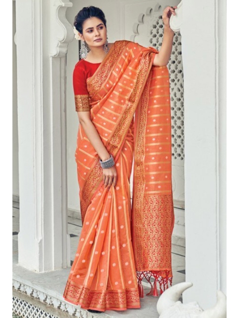 

KARAGIRI Peach & Gold-Toned Woven Design Zari Organza Saree
