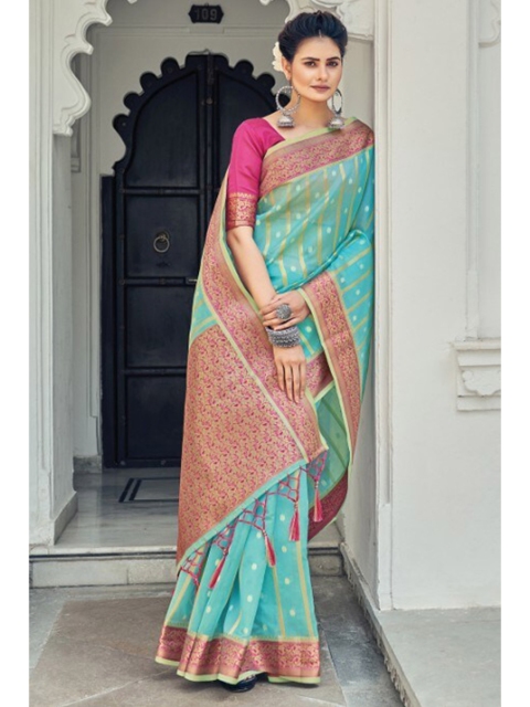 

KARAGIRI Blue & Gold-Toned Woven Design Zari Organza Saree