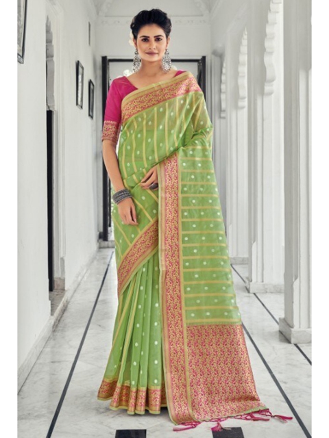 

KARAGIRI Green & Pink Woven Design Zari Organza Saree