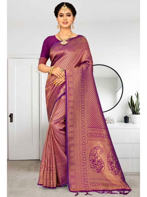 

KARAGIRI Violet & Gold-Toned Woven Design Zari Silk Blend Kanjeevaram Saree