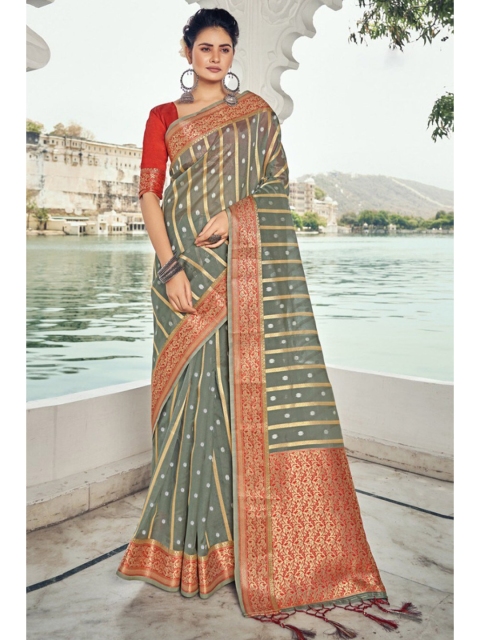 

KARAGIRI Grey & Red Woven Design Zari Organza Saree
